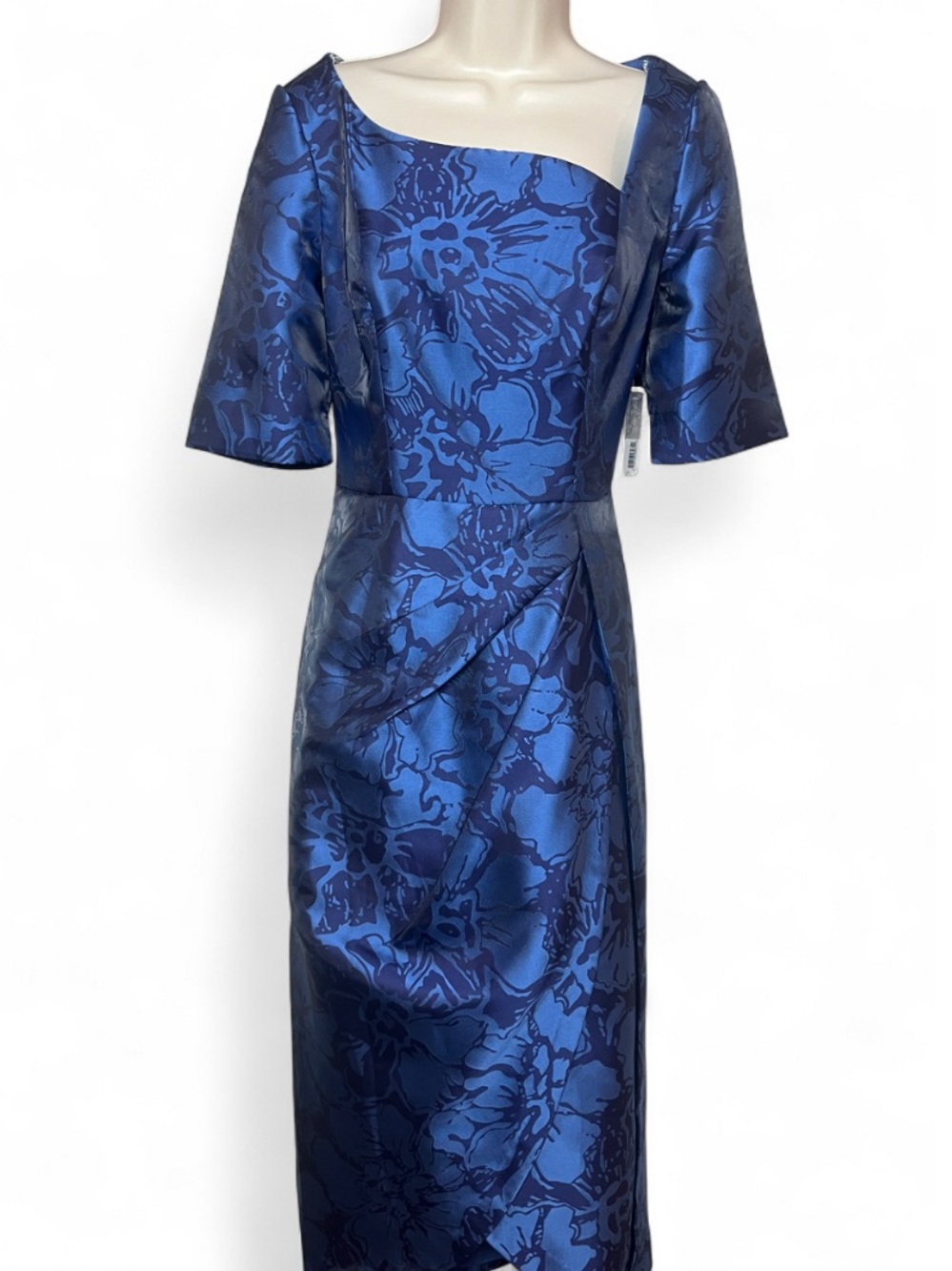 Formal Midi Dress Blue Floral Wedding Event NWT Asymmetrical Size 8 Fitted Class